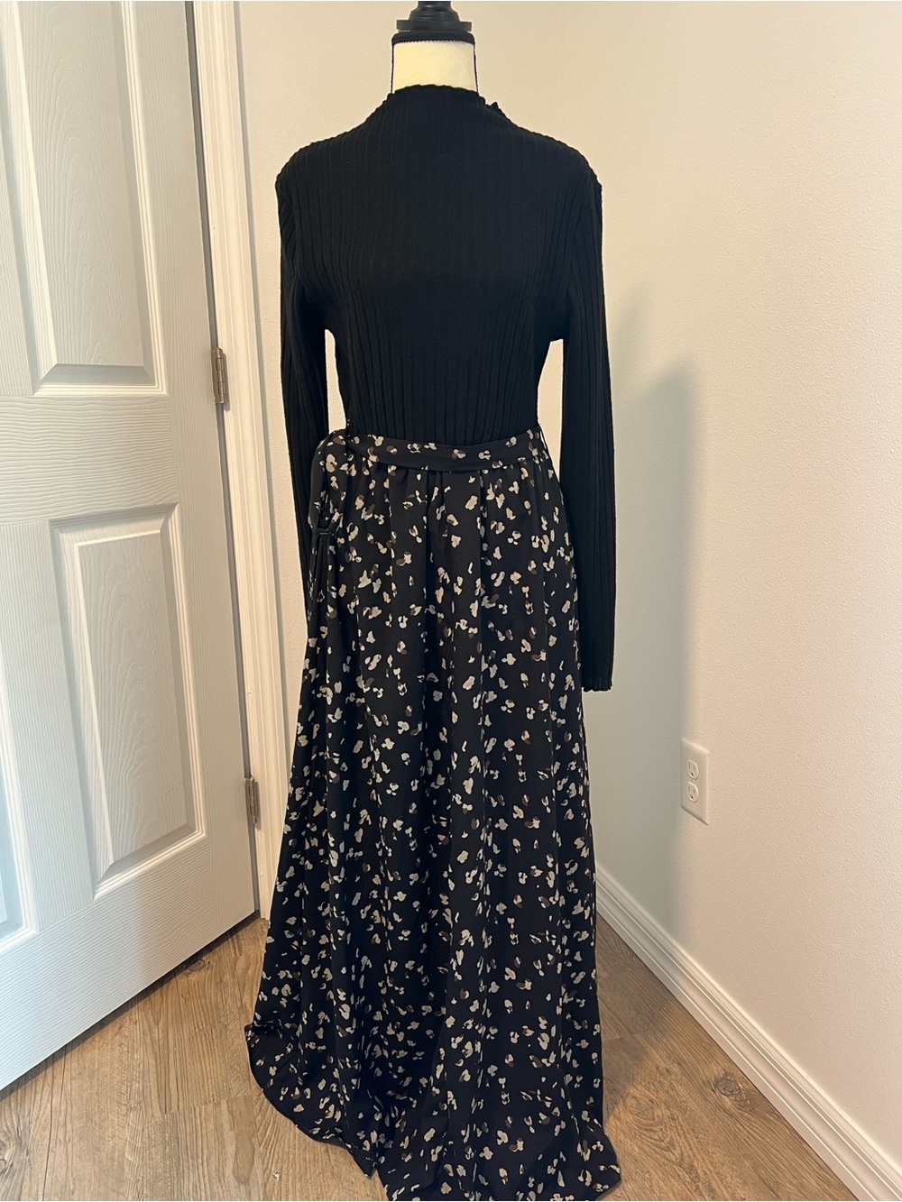 Black Long Sleeve Maxi Dress with Printed Skirt